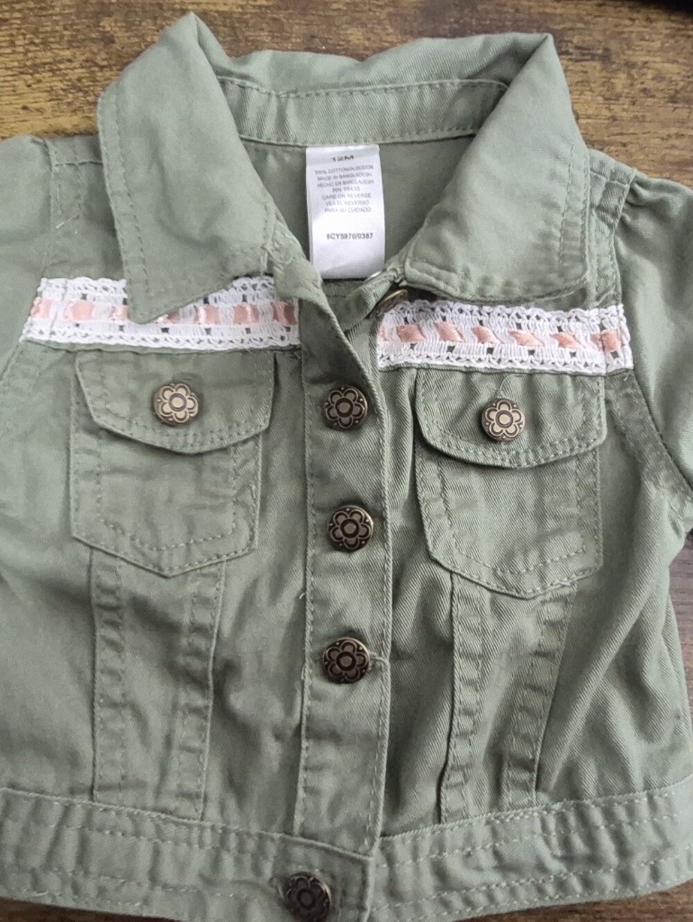 Nanette Lepore Girls Olive Green Cotton Trucker Jacket Lace Trim Boho Infant 12M